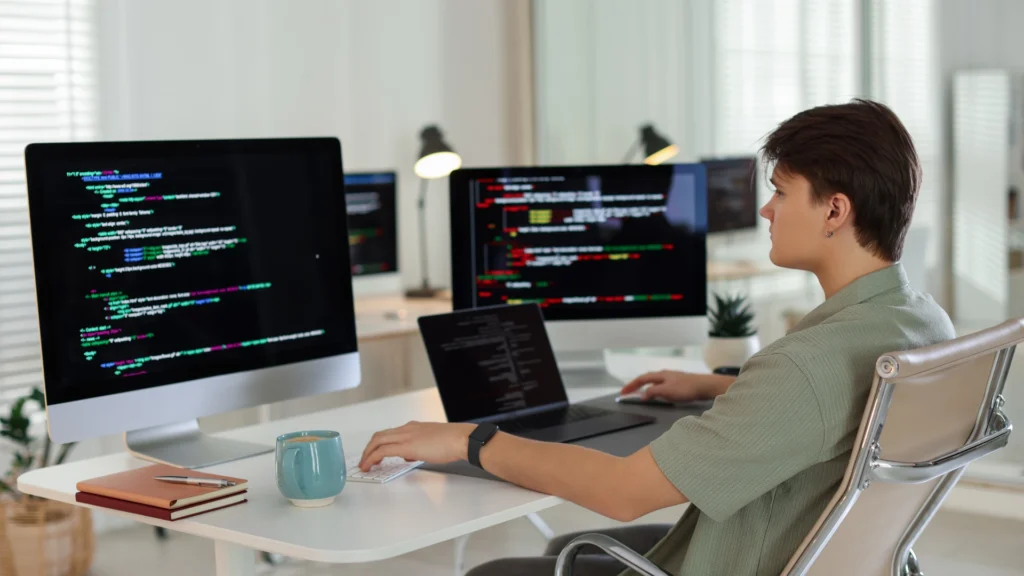 Developer σε γραφείο με οθόνες κώδικα
